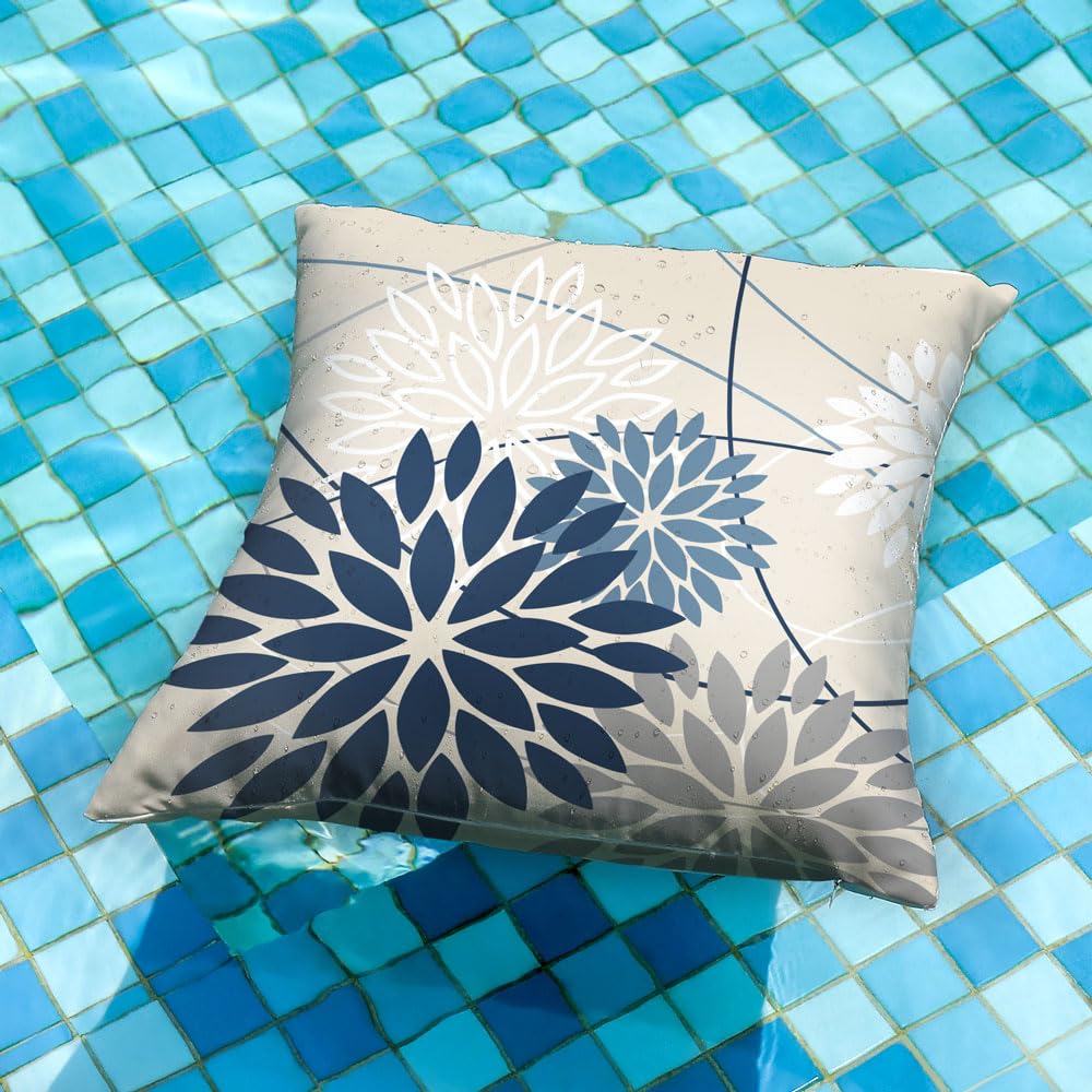 Blue And Gray Floral Pillow Covers 18X18 Set Of 2 Outdoor Waterproof White Colored Decorative Throw Pillows Summer Pillowcase Polyester Cushion Case Decor For Couch Patio Funiture Garden Porch 01B18