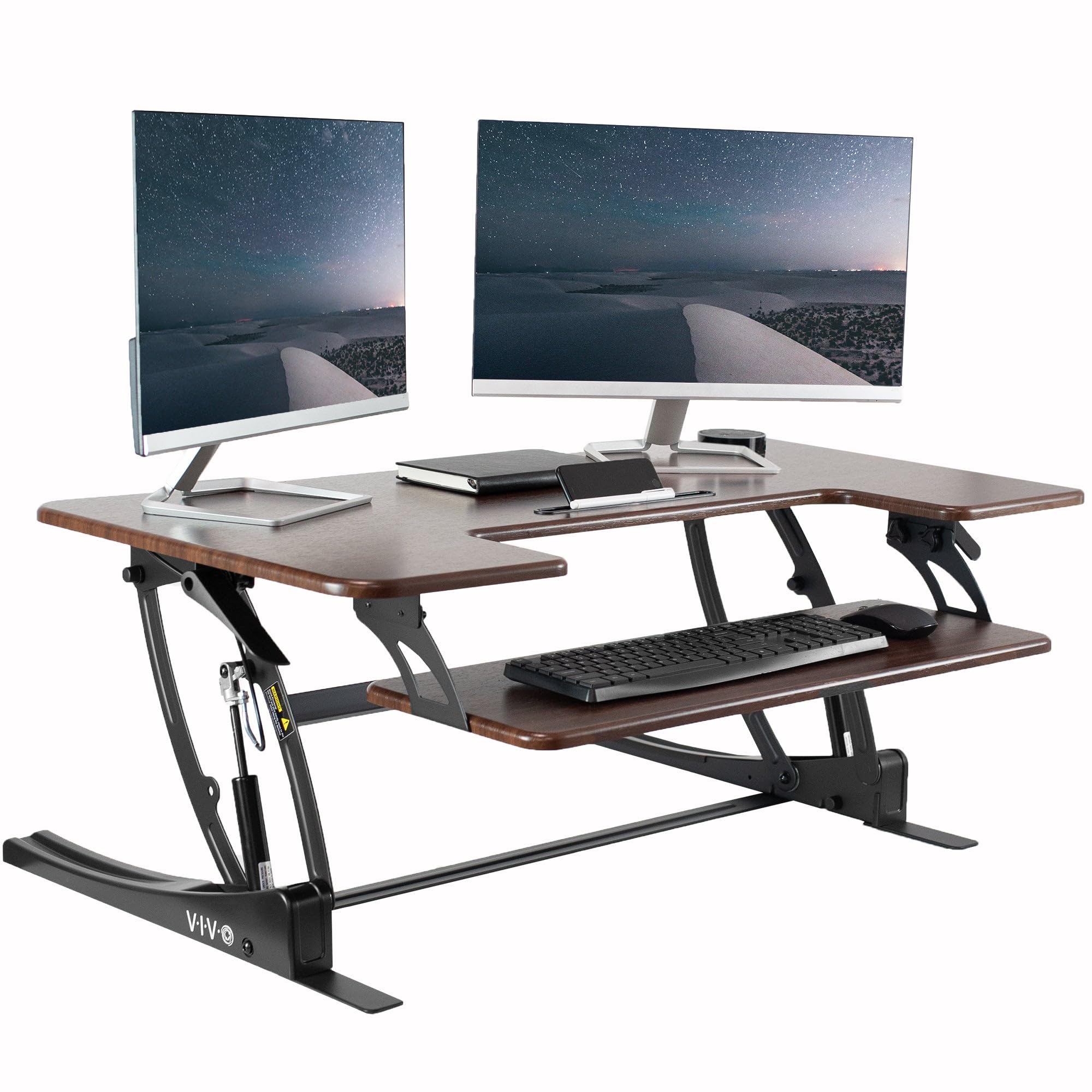 Vivo 42 Inch Height Adjustable Stand Up Desk Converter, V Series, Quick Sit To Stand Tabletop Dual Monitor Riser Workstation, Dark Walnut Top, Black Frame, Desk-V000Vld