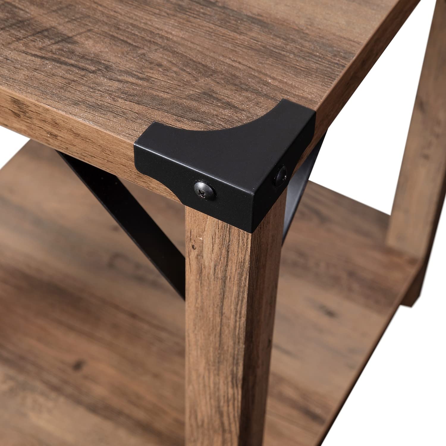 Flash Furniture Wyatt Modern Farmhouse 2 Tier Side Table - Rustic Oak Engineered Wood Frame - Black Metal Crisscross Side Braces and Corner Accents