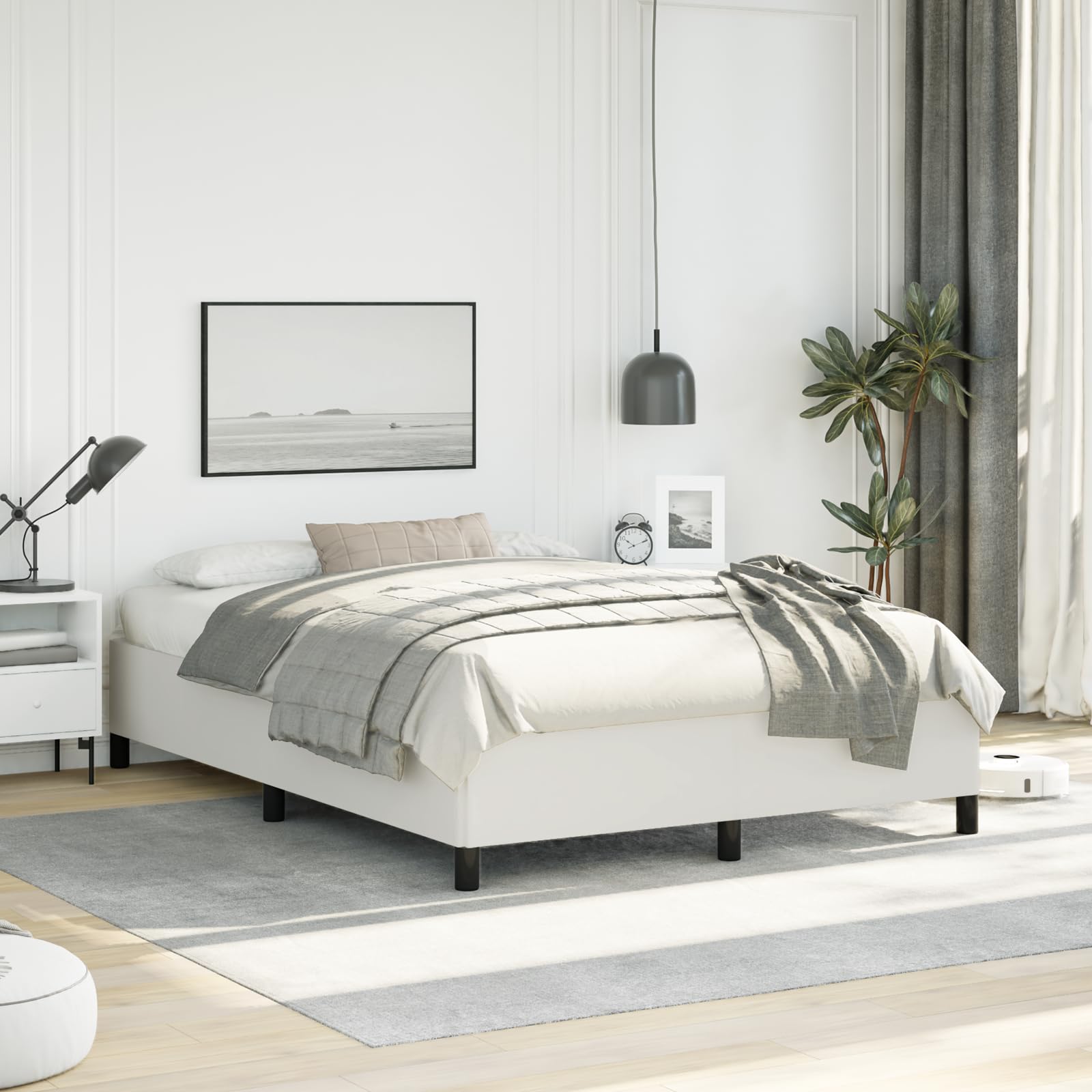 vidaXL Full Size Bed Frame with Plywood Slats, Platform Bed Frame, Faux Leather Upholstered Mattress Foundation, No Box Spring Needed & Easy Assembly, White, Without Mattress