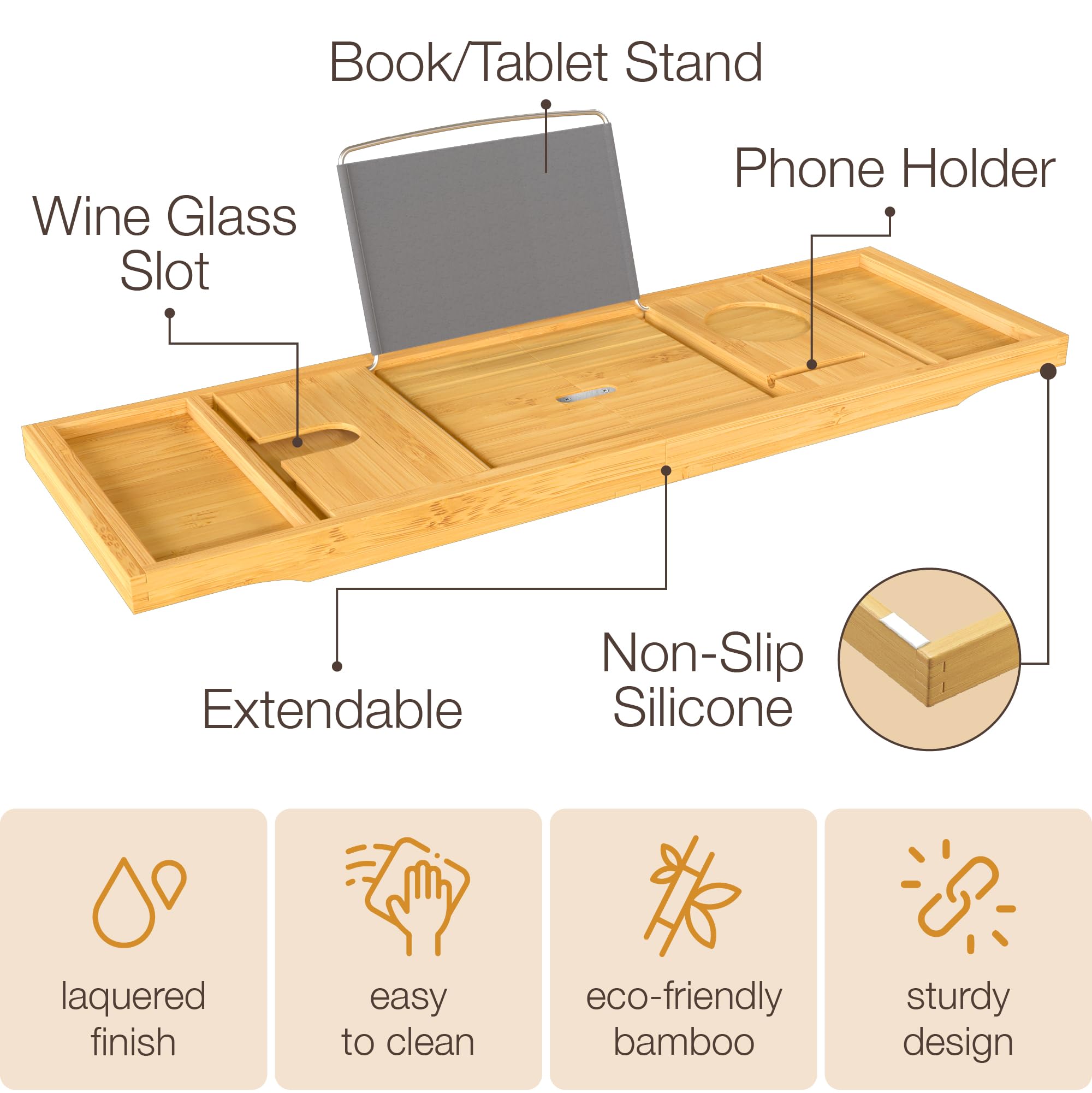 Bamboo Bathtub Tray For Tub - Expandable Bath Tray For Tub With Wine, Book & Tablet Holder - Luxurious Bath Accessories, Bath Ta