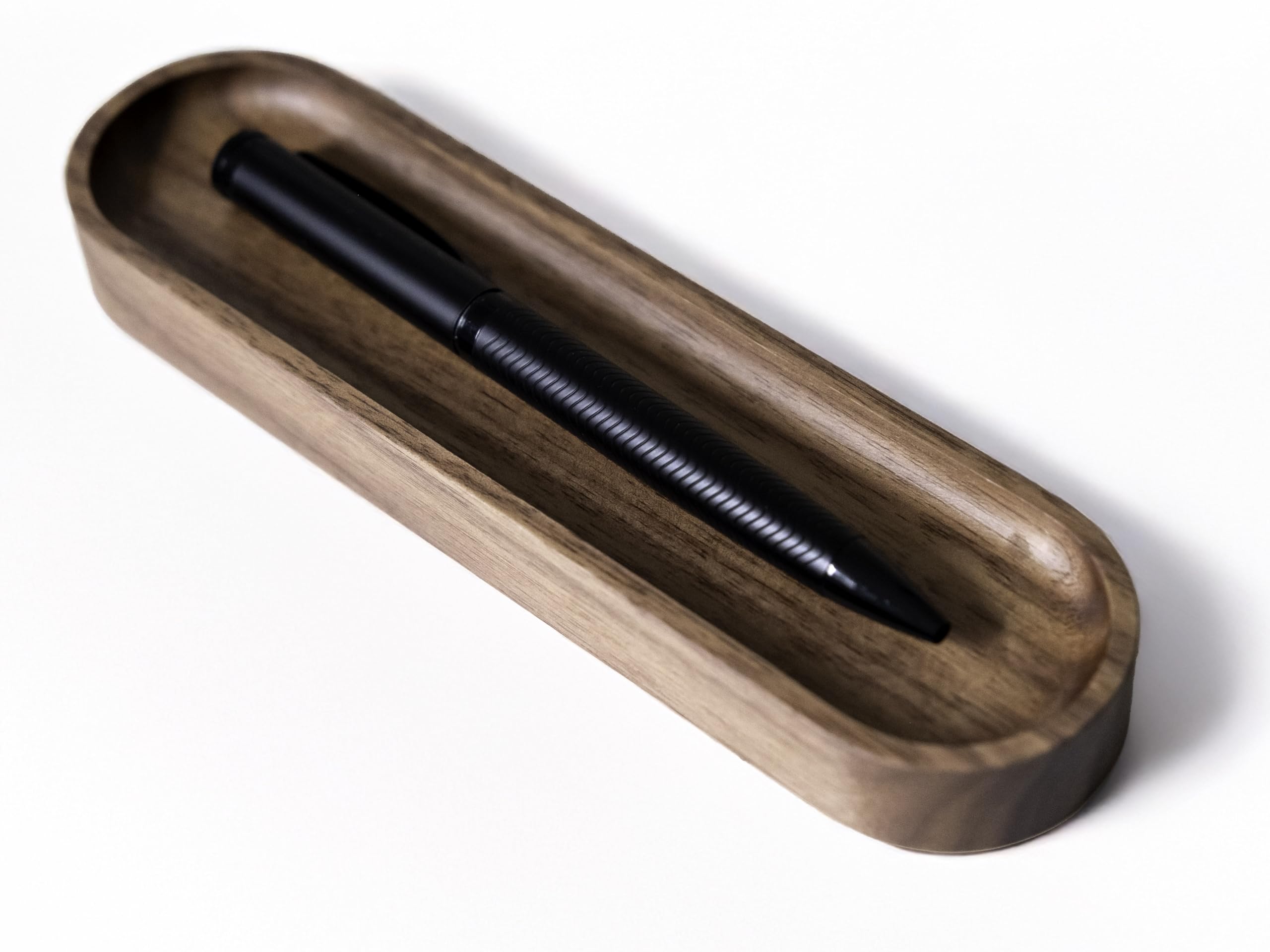 Timber Box Design Walnut Wood Pen Tray, Minimalist Oval Wooden Pencil Holder, Office Desk Organizer, Writing Instrument Rest, Wo