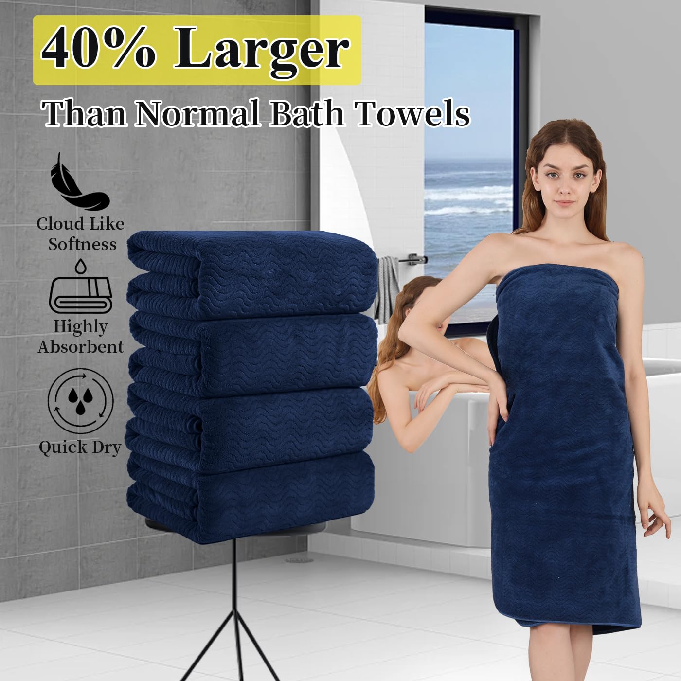 4 Piece Bath Towel Oversized Bath Sheet 35''X70'' Navy Bathroom Towel Extra Large Bath Towel Set Highly Absorbent Quick Dry Prem