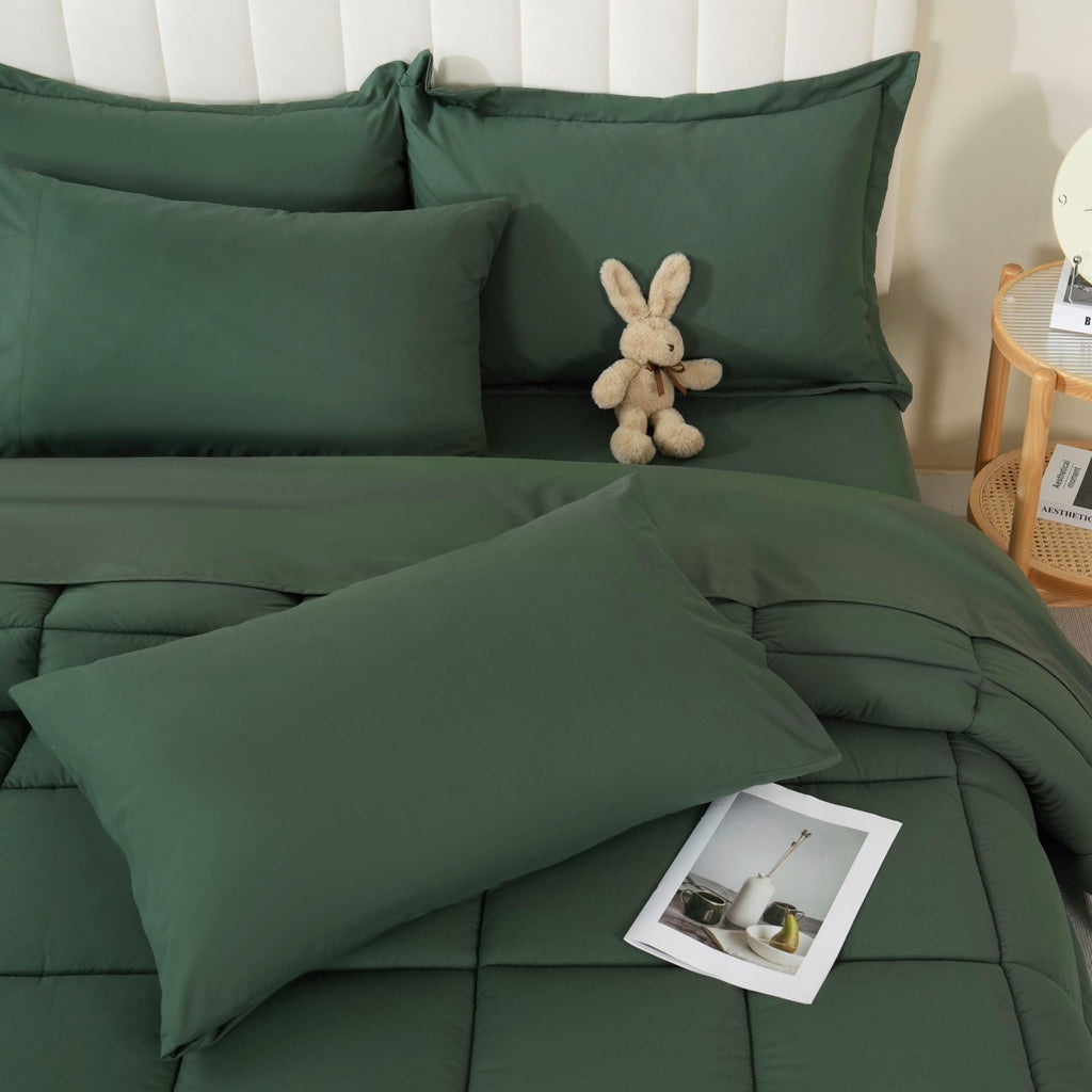 DOWNCOOL Full Size Comforter Sets, 7Pcs Full Size Bedding Sets Sage Green, All Season Down Alternative Bedding Comforter Sets wi