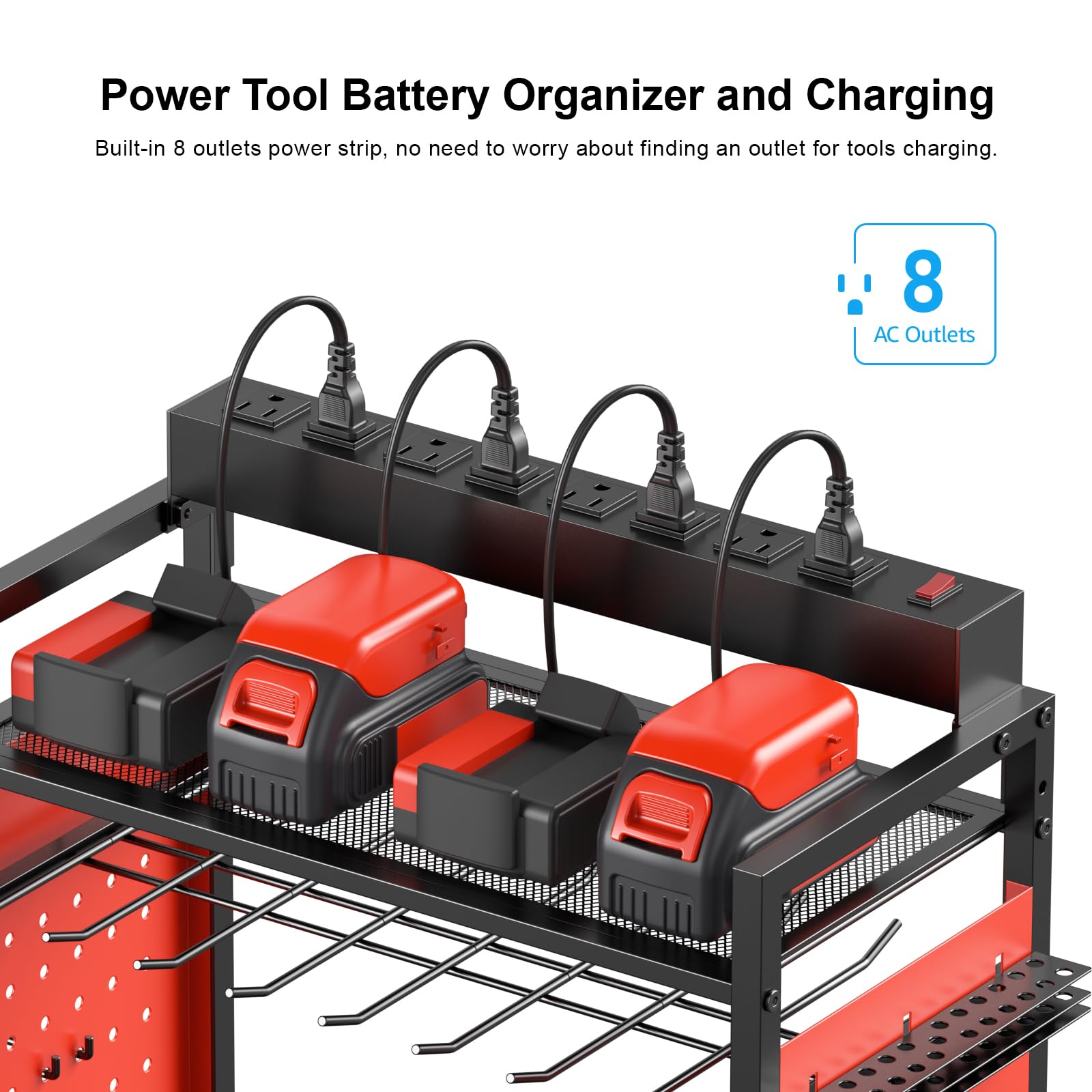 Cccei Garage Power Tools Organizer Cart With Charging Station, Red Floor Standing Rolling Drill And Tools Battery Storage Cart On Wheels. Utility Rack Gift For Men, Husband, Father.