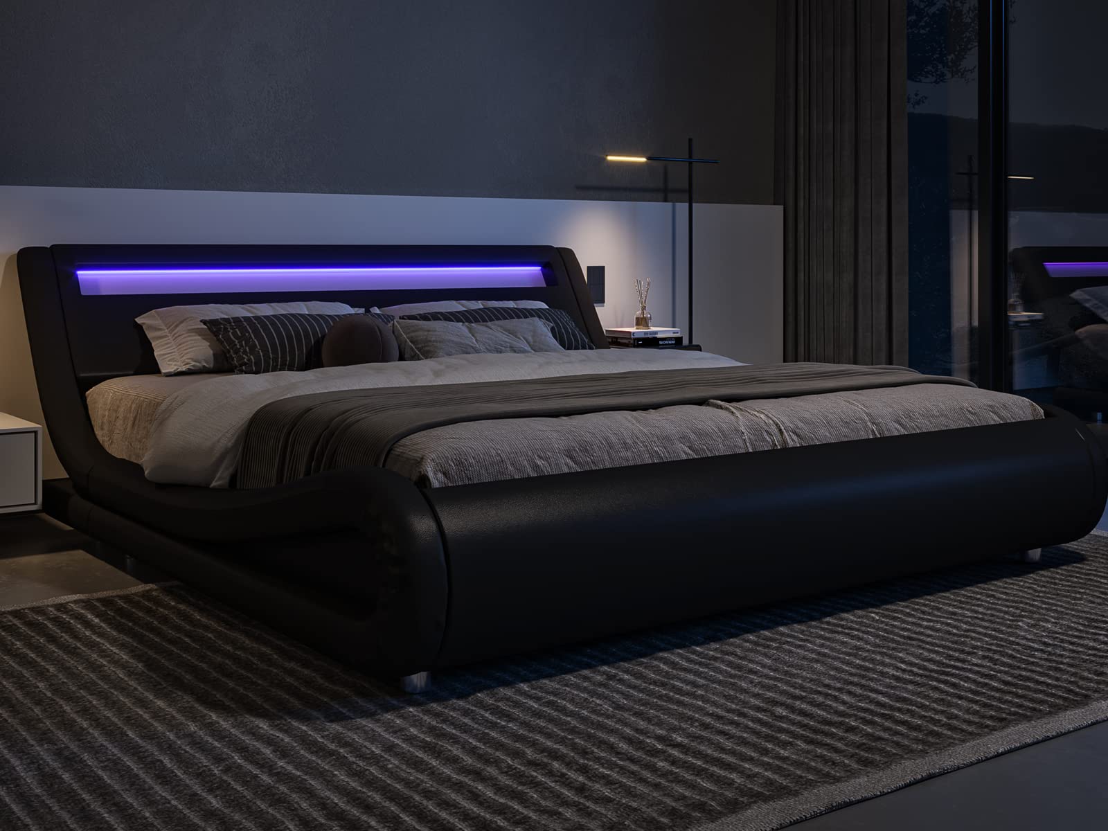 Allewie Queen Size Led Platform Bed Frame With Adjustable Headboard/No Box Spring Need/Easy Assembly/Faux Leather In Black