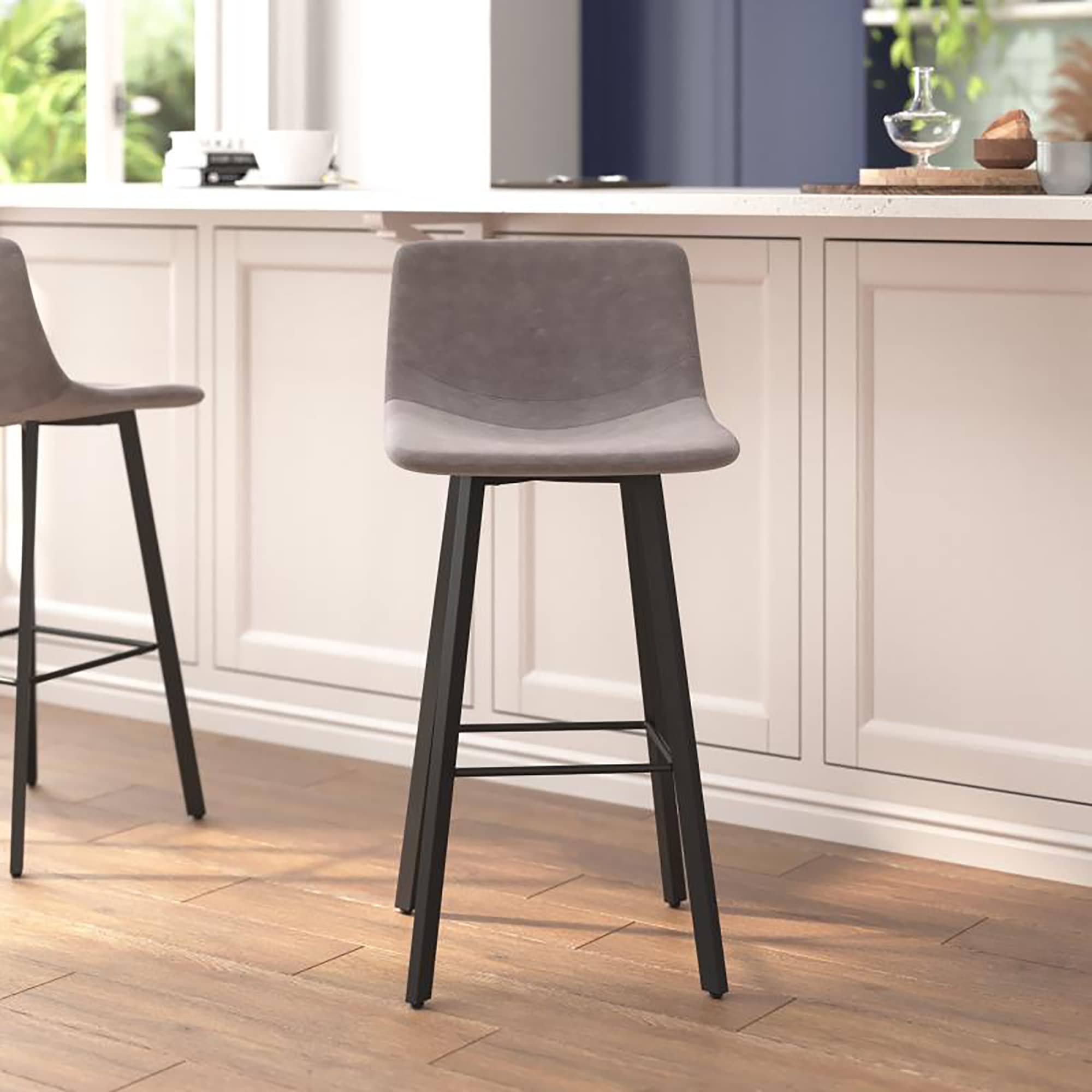 Flash Furniture Caleb Modern Commercial Barstools with Footrests - Gray LeatherSoft -30 Inch - Black Matte Iron Frame - Armless - Set of 2