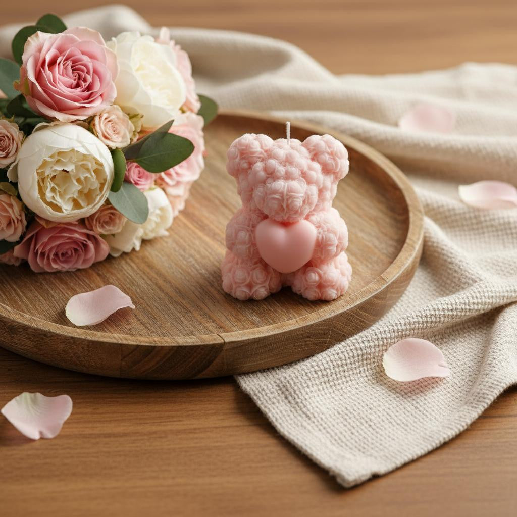 4 Pink Coconut Hibiscus Scented Dimensional Teddy Bear Candle