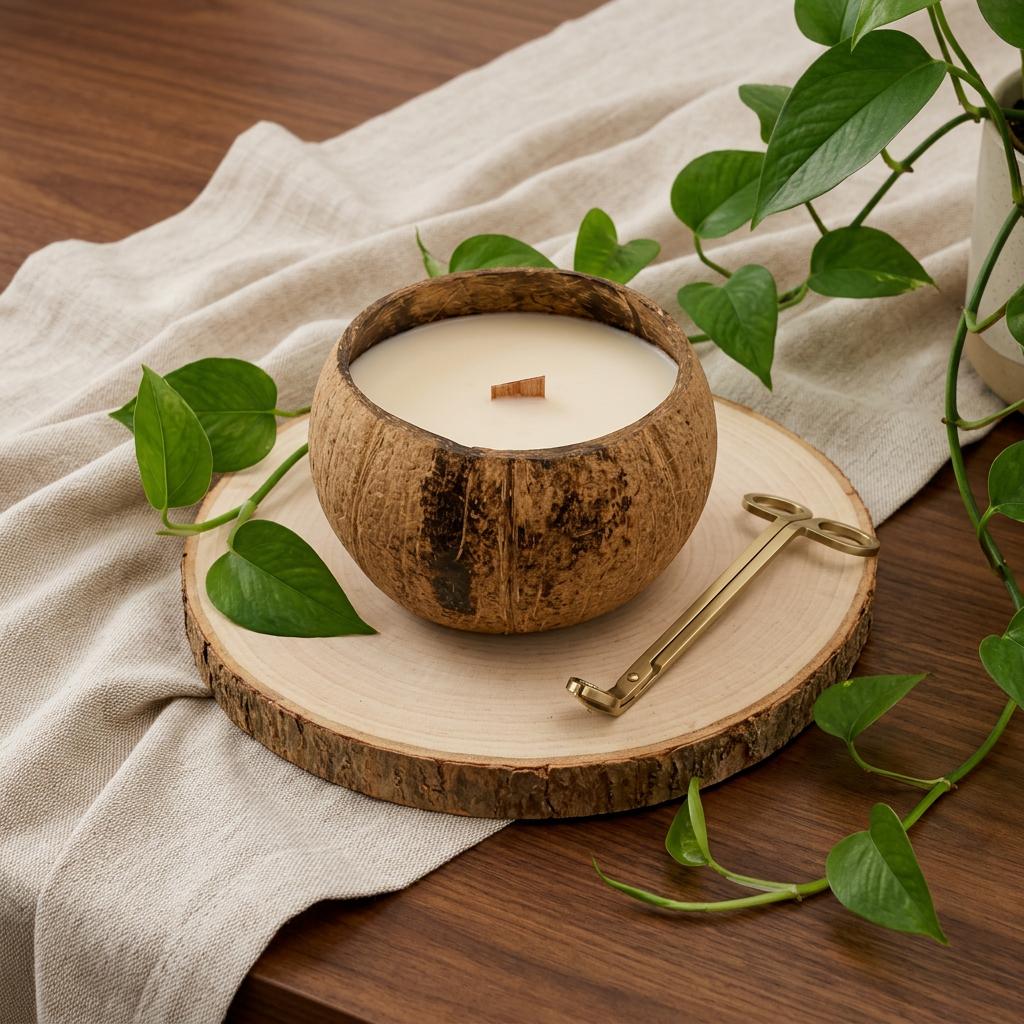 4 Ivory Lavender And Sage Scented Candle In Brown Coconut Shell Holder