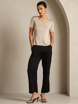 Beige pure silk V-neck short sleeve women's T-shirt with slim fit