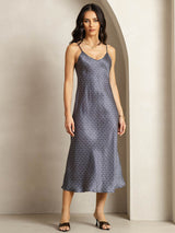 Navy Ginkgo print silk midi dress with V-neck and adjustable straps