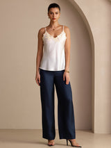 [White] White mulberry silk lace camisole top with spaghetti straps and V-neck 006