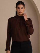 [Tan] SilkSilky Long Sleeve Stand Collar Women's Blouse 006