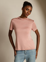 Pink short sleeve mock neck silk T-shirt with seamless fit