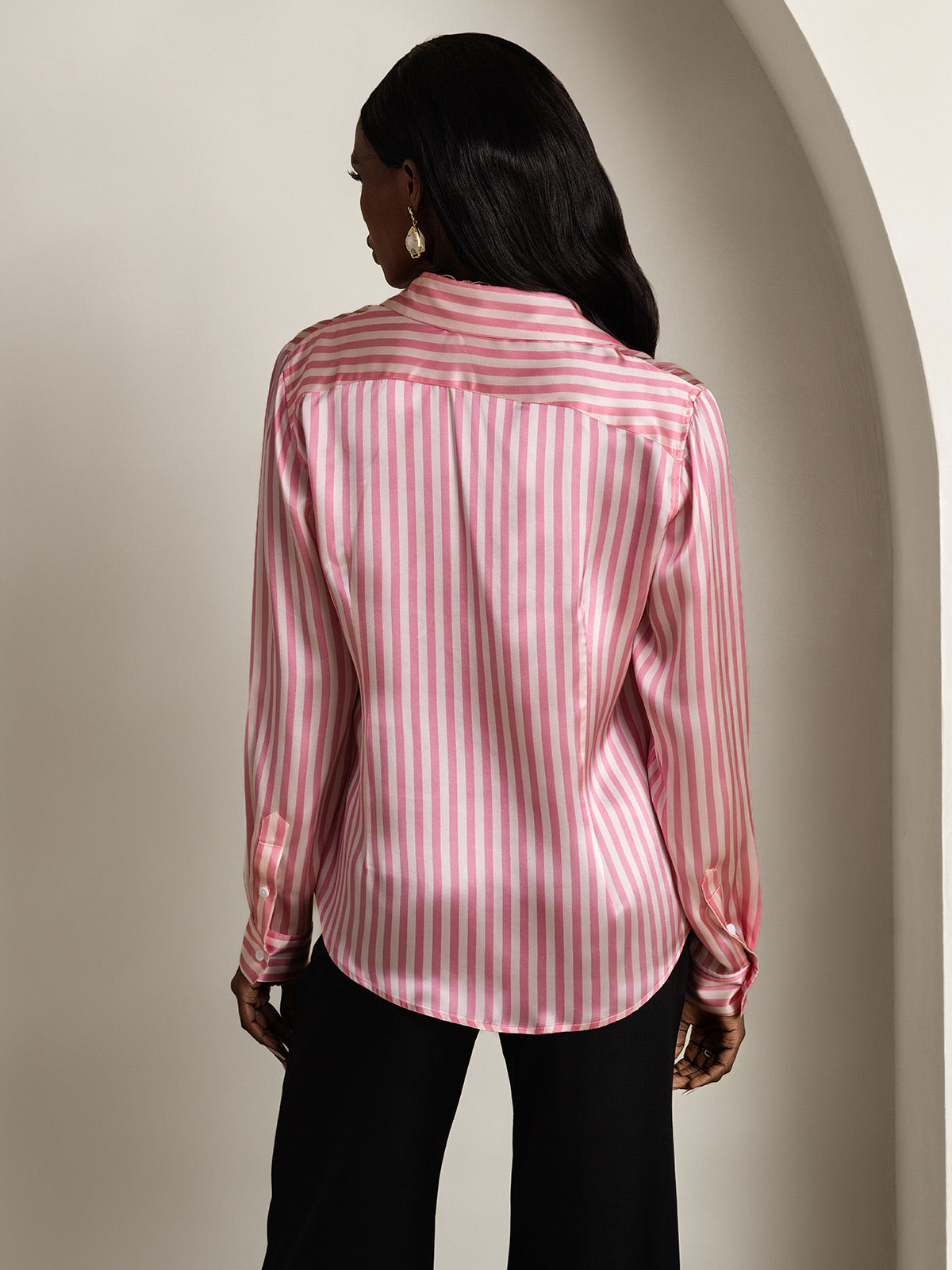 [Pink Stripe] SilkSilky  Long Sleeve Lapel Collar Women's Shirts 002