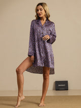 Purple leopard print silk nightshirt with high-low hem and notch collar