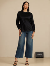 [Black] Black silk blouse with round neck, lantern sleeves and front button closure 005