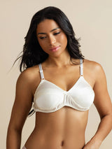 White silk bra with adjustable straps and V-neck cups