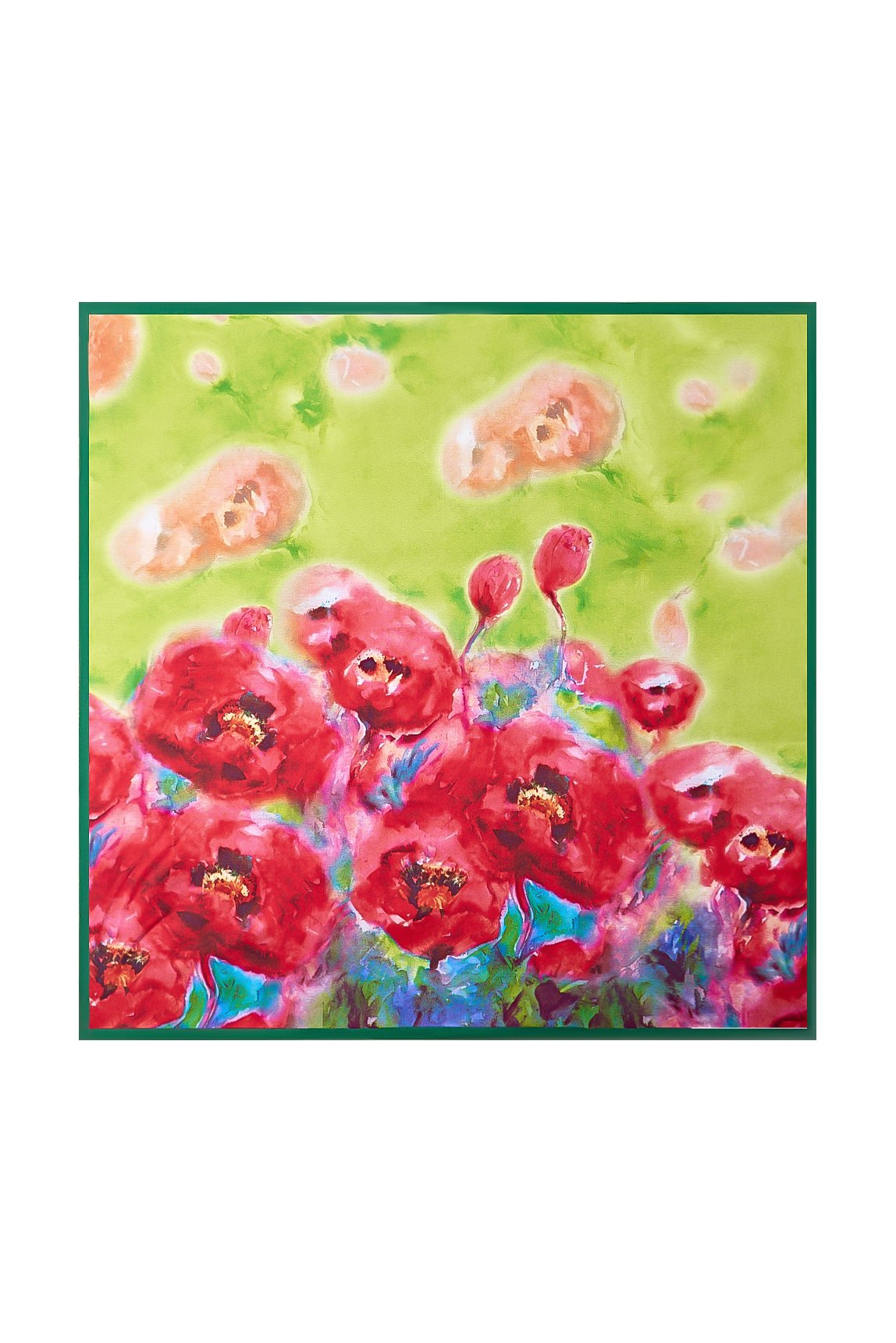 Multicolor floral mulberry silk square scarf with red poppy design