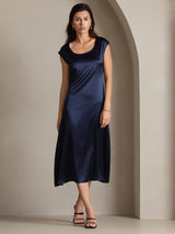 Navy silk midi dress with round neck and cap sleeves