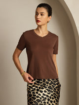 [Coffee] SilkSilky  Short Sleeve V Neck Women's T-Shirt 007