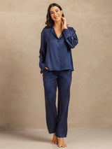 [Dark Blue] SilkSilky  Long Sleeve Lapel Collar Women's Pajamas 003