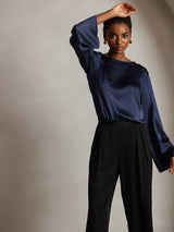 [Dark Blue] SilkSilky  Long Sleeve Boat Neck Women's Blouse 005