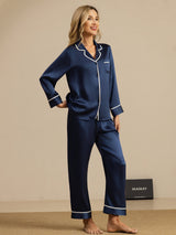 [Dark Blue] SilkSilky  Long Sleeve Lapel Collar Women's Pajamas 007