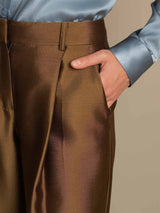 Brown silk-wool blend high waist wide leg pants with side pocket detail