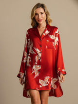 [Dark Red] SilkSilky  Long Sleeve Lapel Collar Nightshirt 003