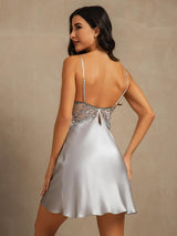 [Grayish Blue] SilkSilky  Spaghetti Strap Deep V Neck Nightgown 002