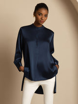 [Dark Blue] SilkSilky  Long Sleeve Stand Collar Women's Blouse 004