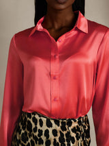 Pink silk lapel collar long sleeve button-up women's shirt