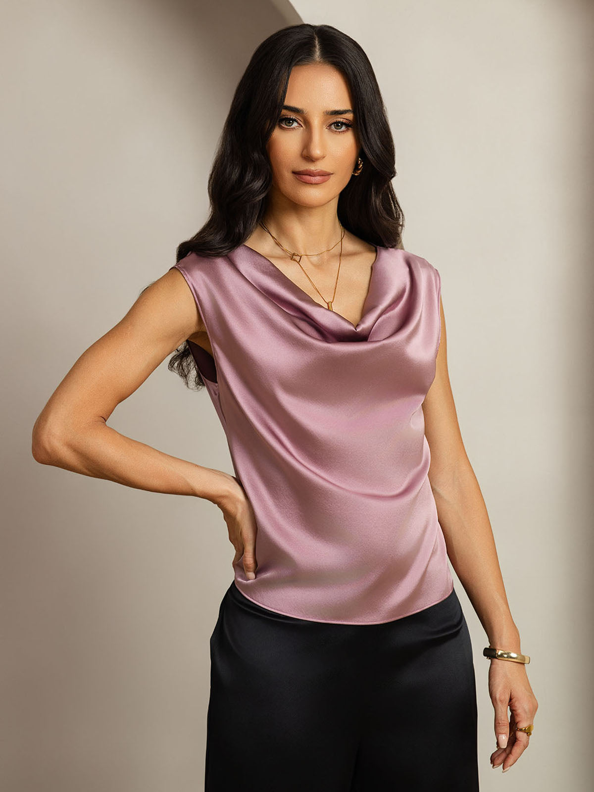 [Pale Mauve] SilkSilky  Cap Sleeve Cowl Neck Women's T-Shirt 001