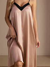 Pink silk midi nightgown with black contrast V-neck and spaghetti straps