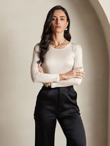 [Beige] SilkSilky  Long Sleeve Round Neck Women's T-Shirt 005