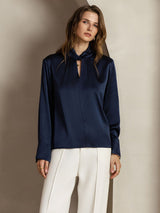 [Dark Blue] SilkSilky  Long Sleeve Keyhole Neck Women's Blouse 005
