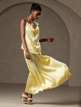 Yellow silk A-line maxi skirt with lining styled on model