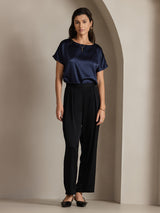 [Dark Blue] SilkSilky  Short Sleeve Boat Neck Women's T-Shirt 005