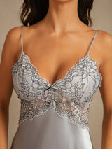 [Grayish Blue] SilkSilky  Spaghetti Strap Deep V Neck Nightgown 007