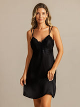 [Black] Black silk spaghetti strap lace V-neck backless short nightgown 004