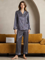 Women’s navy ginkgo print silk pajama set with long-sleeve notch collar top and pants