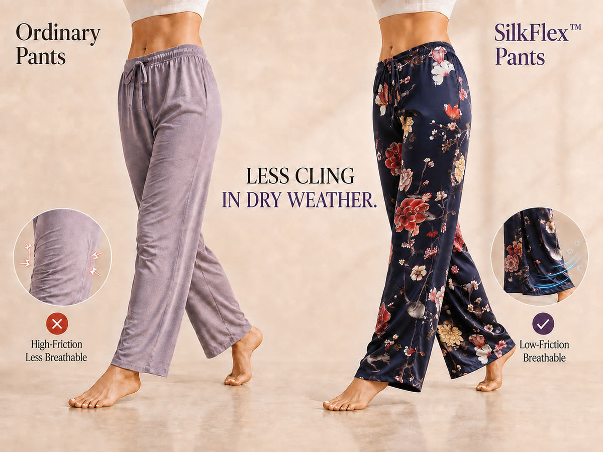 19Momme Silk Navy Floral Print Wide Leg Women's Pants With Side Pockets Design - Detail 1