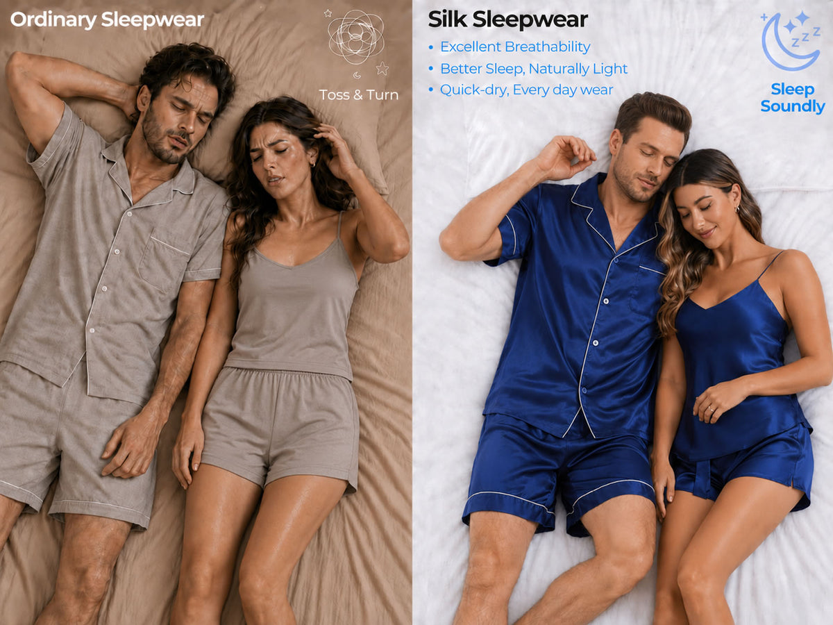 Couple 100% Mulberry Silk Short Pajamas Matching Set Total 4Pcs - Detail 1