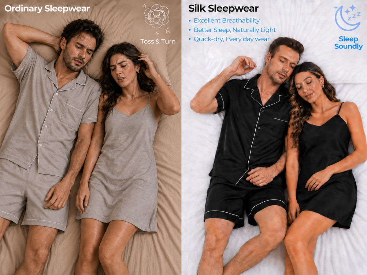 100% Mulberry Silk Couple Short Pajamas Matching Set & Slip Nightdress - Detail 1