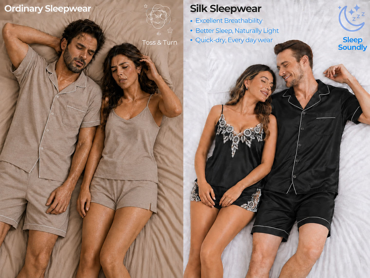 Couple 100% Mulberry Silk Short Pajamas Matching Set Total 4Pcs - Detail 1