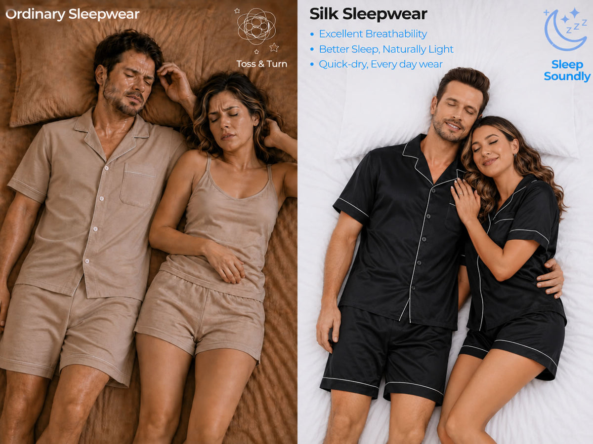 Couple 100% Mulberry Silk Short Pajama Sets Total 4Pcs - Detail 1