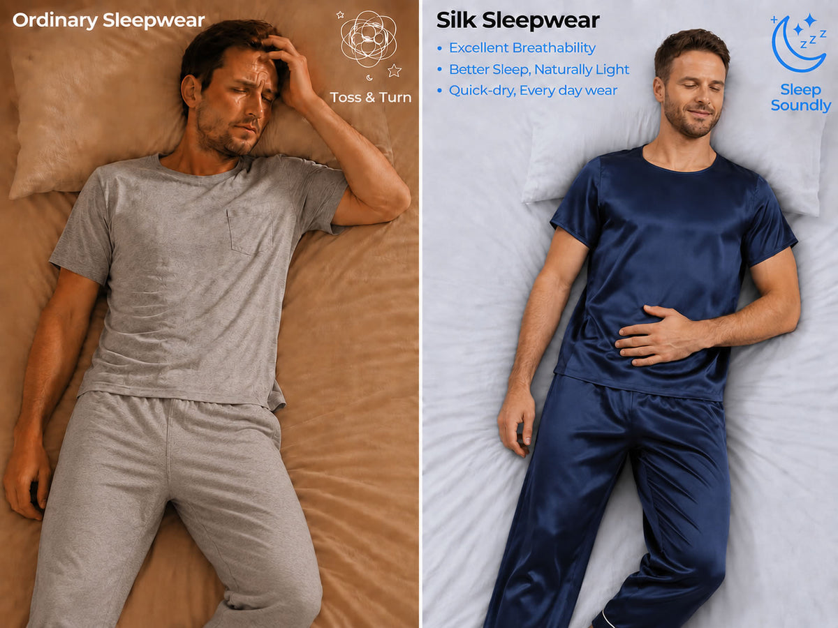 100% Mulberry Silk Short Sleeve Round Neck Men's Pajamas Set with Pants - Detail 1