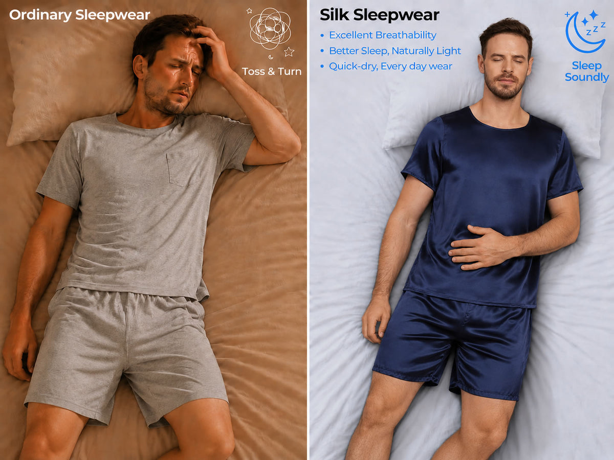 100% Mulberry Silk Short Sleeve Round Neck Men's Pajamas Set with Shorts - Detail 1
