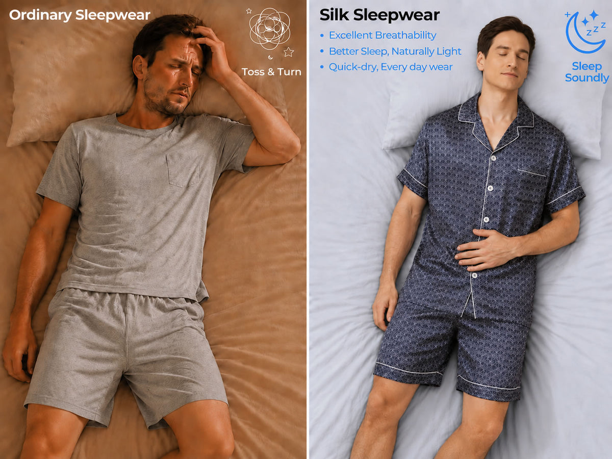 Men's 100% Mulberry Silk Ginkgo Print Short Sleeve Lapel Collar Pajamas Set - Detail 1